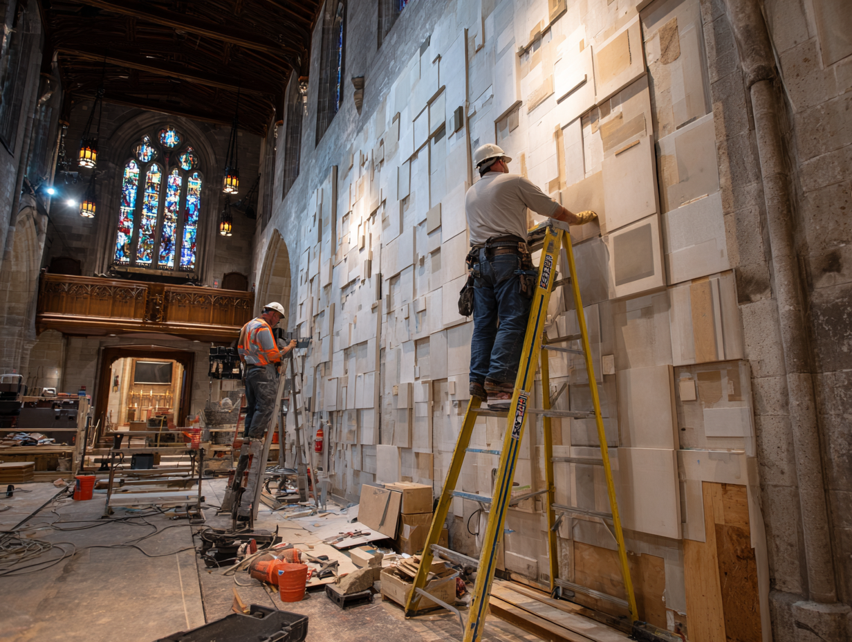 Workers on ladders installing acoustic panels on a church sanctuary wall during renovation